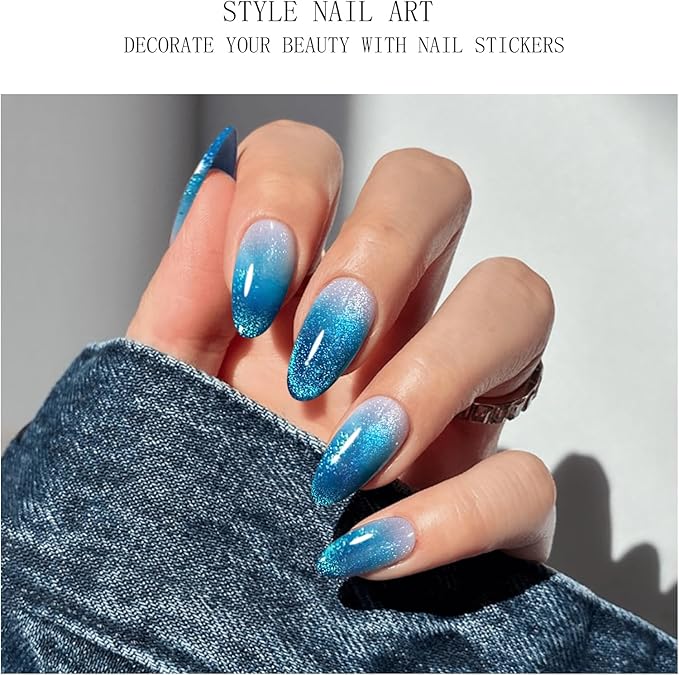 JMEOWIO Gel Nail Stickers Blue Gradient Cat Eye Semi Cured Gel Nail Strips Wraps UV/LED Nails Art Design Decoration Accessories