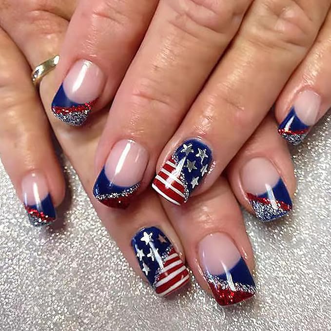 Independence Day Medium Square Press on Nails Patriotism Fake Nails with Sliver Glitter Designs USA Flag Stick on Nails Glossy Acrylic Nails Full Cover Artificial False Nails for 4th of July 24Pcs