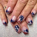 Independence Day Medium Square Press on Nails Patriotism Fake Nails with Sliver Glitter Designs USA Flag Stick on Nails Glossy Acrylic Nails Full Cover Artificial False Nails for 4th of July 24Pcs