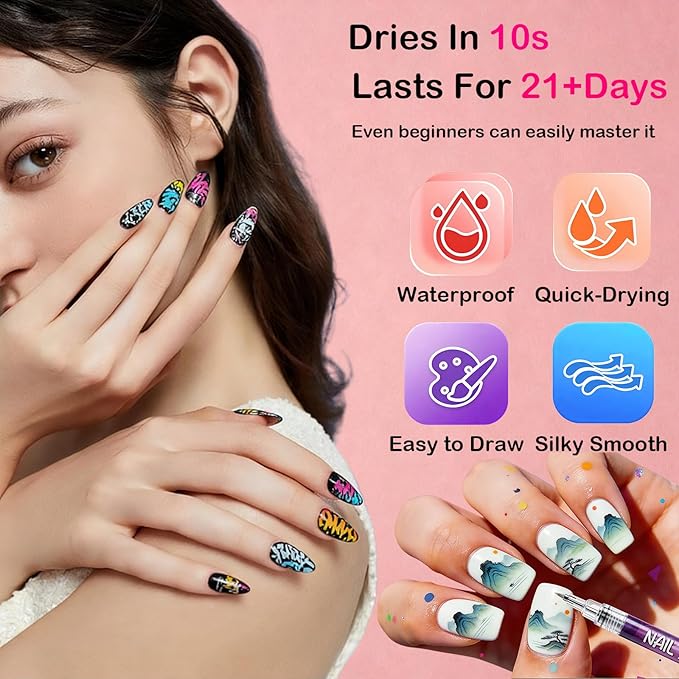 12 Colors Nail Art Pens Set, Quick Dry Nail Art Markers & Nail Polish Pens for Drawing, Painting and Dotting, DIY Manicure Tools for Nail Design, Home Salon Use
