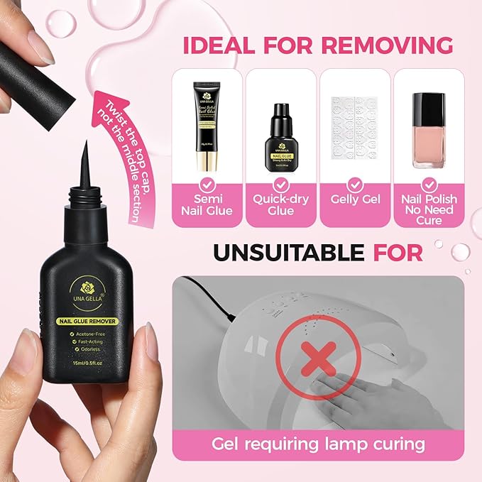 UNA GELLA Nail Glue Remover for Press on Nails 15ml Upgraded Stick & Remove 2 in 1 Acrylic Nails Remover for False Nails Tips Acetone-Free Gentle Gel Nail Remover, Not for Gel Polish Base Coat