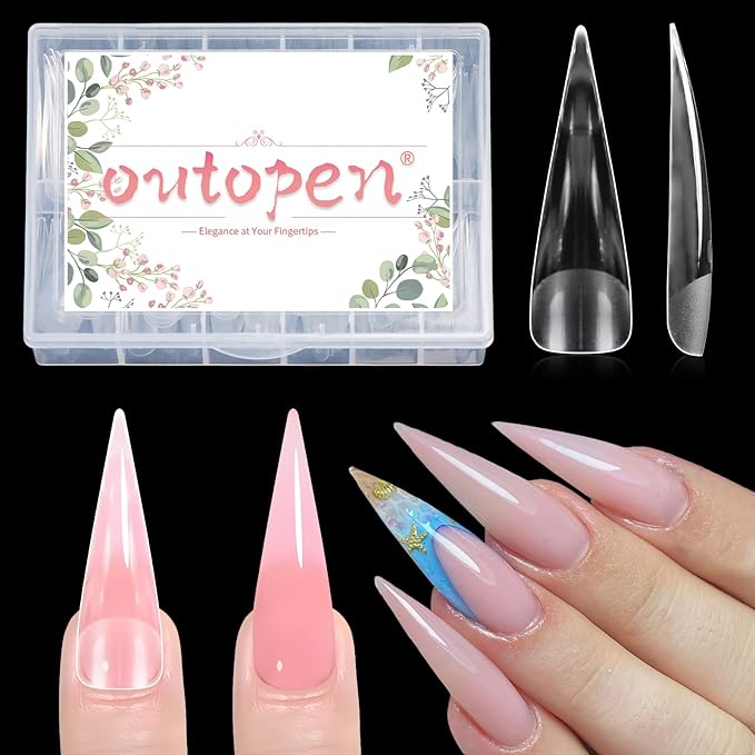 outopen 240pcs Long Straight Sharp Stiletto Nail Tips Clear Matte Full Cover Nail Extension Tips Long Stiletto Spiky Nail Tips Gel Press on Nails for Polygel Acrylic Extension DIY Manicure, 12 Sizes