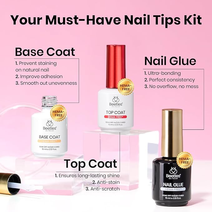 Beetles Gel Nail Kit Etch-X, Almond Short, 288pcs 12 Sizes Nail tips, 3Pcs 15ml HEMA-Free Nail Glue Top Coat & Base Gel Set, for Acrylic and Clear Press On Nail, Long Lasting Extension DIY Set at Home