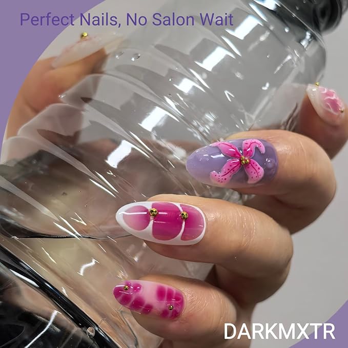 30Pcs 3D Floral Press On Nails | Pink & Purple Flower Design | Reusable Fake Nails Set Easy Application Manicure Set for Work, Party & Daily Use, Perfect for Women and Students