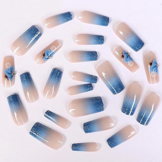 MISUD Press on Nails - Long Square Fake Nails with Blue Ombre, Acrylic Bling Glitter Design 24 pcs