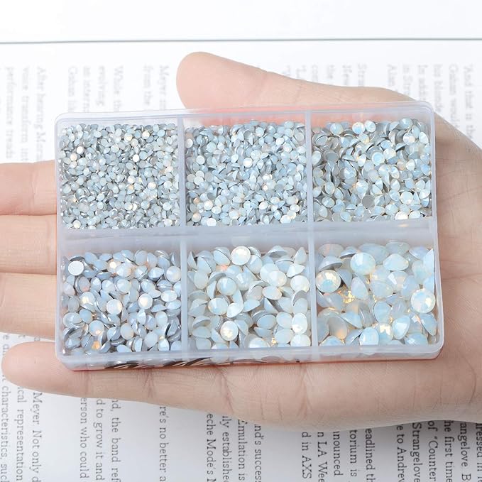 AD Beads 4300 Pieces Flat Back Nail Art Rhinestones Round Beads 6 Sizes (2-6.5mm) with Storage Organizer Box,Rhinestones Picking Pen for Nail Art Phone Decorations Crafts DIY (Opal White)