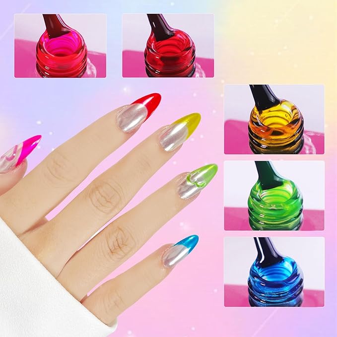 VARNAIL Rainbow Candy Jelly Gel Nail Polish Kit 6 Colors & Gift Base Top Coat, Translucent Rainbow Sheer Gel Polish Kit, Soak off UV Light Gel Nail Polish