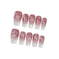 Medium Ballet Press On Nails,Handmade Soft Gel Winter Fall Fake Nails in Camellia Gradient Pink Gypsum Pearl Design, Full Cover Thick Acrylic False Nails for Women 10PCS Tools Kit(Size L)