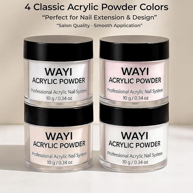 WAYI Acrylic Nail Kit with 4 Powders – 10g Each (Pink, White, Nude, Clear), 100PCS Tips, Glitter, Rhinestones, Practice Finger, Nail Tools Set for DIY & Beginners