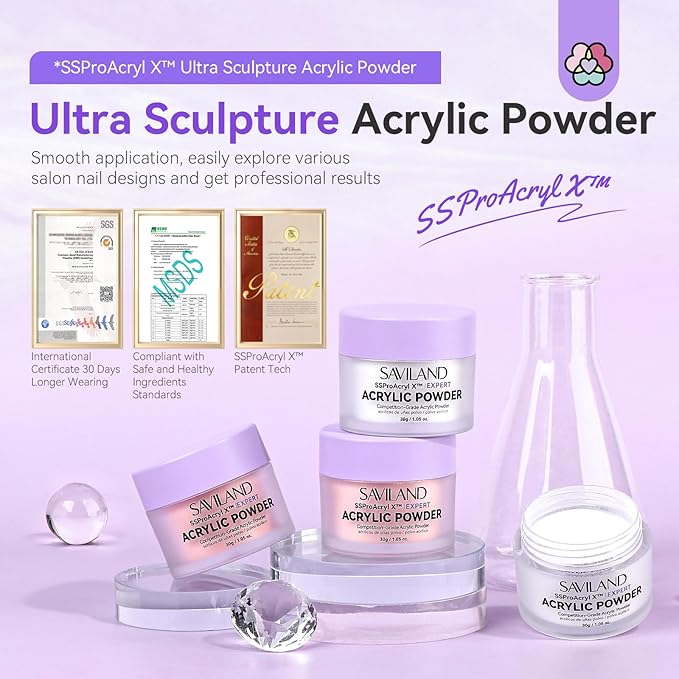 SAVILAND Acrylic Powder: 4PCS 1oz 30g Clear White Nudes Pink Colored Keratin Acrylic Nail Powder Set Professional Nail Powder for Extension 3D Carving