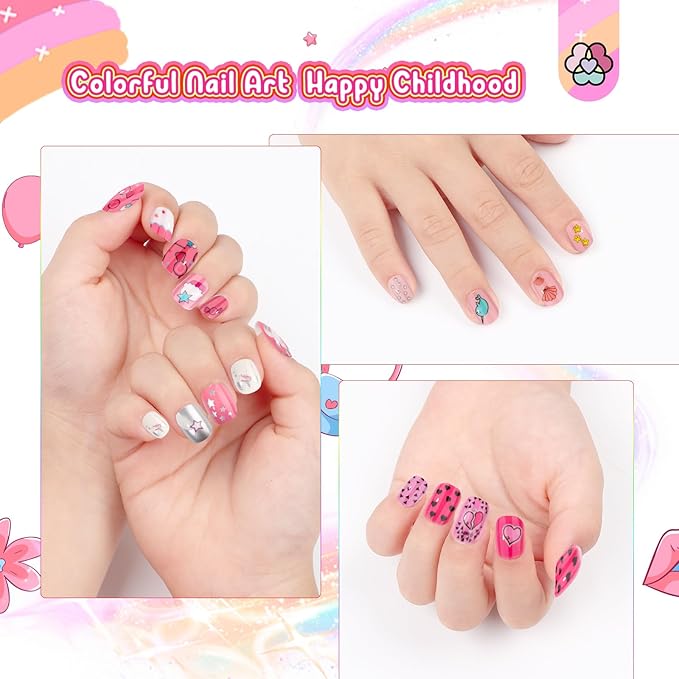 SAVILAND Press on Nails for Kids 168PCS: Kid Press on Nail for Girls Colorful Patterns Kids Fake Nails Tips Strong Adhesion Short Square False Acrylic Nail Art Christmas Easter Gifts 8-12 Years Child