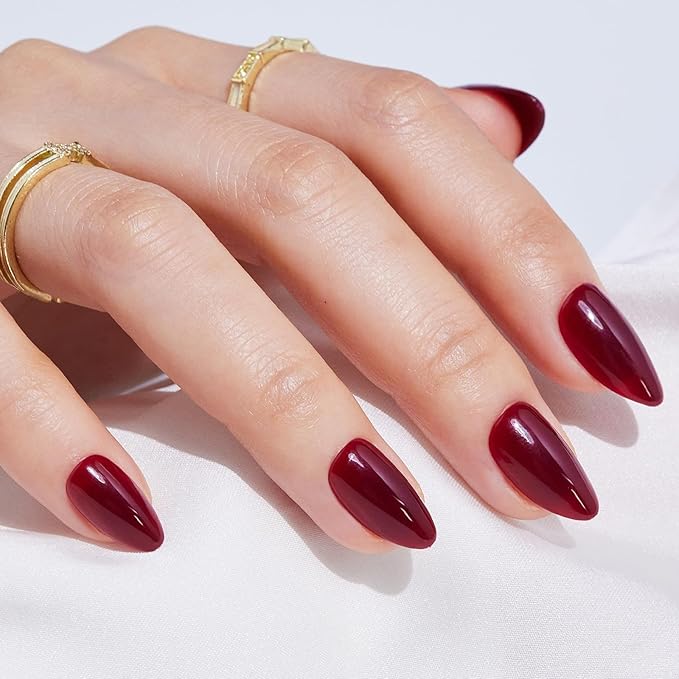 Findigit Red Press On Nails Almond Short - Red Soft Gel Press on Nails, Glue on Nails with Nail Glue, Reusable Stick on Nails in 16 Sizes,32 Fake Nail Kit,Rose Almond