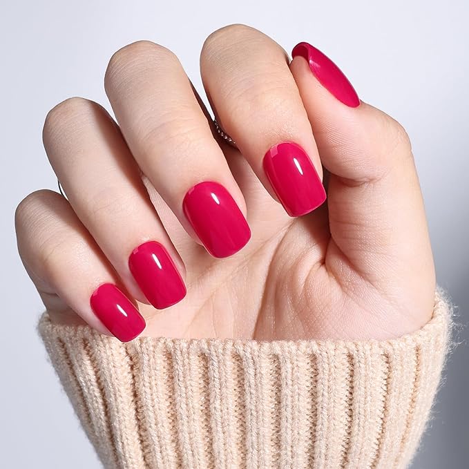 Press on Nails - Short Square Rose Pink Nails Press ons for Women, Reusable Glossy Finish Glue On Nails 30 Pcs 15 Sizes Fake Nails Kit with Glue, Berry Rose