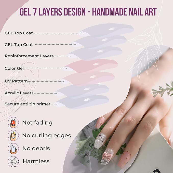 Fake Nails Set Pink Medium Square Bling Glossy 3D Bow Heart Rhinestone Pearl False Nail Tips, Press On Nails, Artificial Art Nails Finger Manicure for Women and Girls(CDJ0030-M)