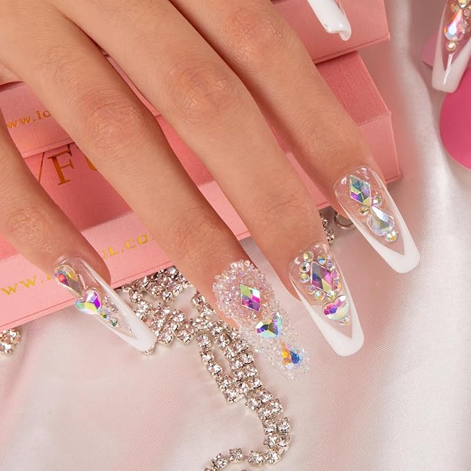 LOVFUL Press on Nails Aurora Light | Handmade with Full Covered Crystals | Reusable Fake Nails | Coffin Classic Regular 1.3 in | H36-M