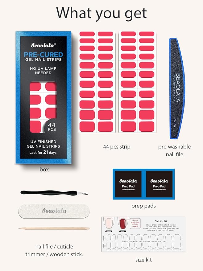 Real Gel Nail Strips (No UV Light Needed) - 44Pcs Salon Quality Nail Stickers - Long Lasting Polish Wraps for Women, Easy Apply & Remove (Cherry Pop Red)
