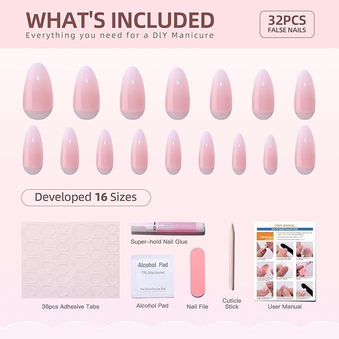 RTKHFZE Press on nails Short - Soft Gel Gradient Press On Nails Almond Short Fake Nails with Nails Glue,Fit Perfectly,Reusable Stick on Nails in 16 Sizes - 32Pcs Gel False Nails Kit