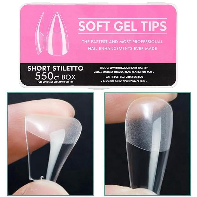 Gel Nail Tips Shape, 550 Pcs Half Matte Pre-Etched Press On False Nails, Full Cover Acrylic Nail Tips Kit for Nail Extensions, DIY Salon Nails. (Short Stiletto, Clear)