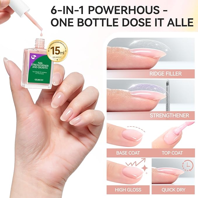 Nail Strengthener and Growth for Damaged Nails: Nude Pink 15ml Protein Nail Hardener Extra Strong and Growth for Weak Nails - Gelike EC 6 in 1 Quick Dry Ridge Filler - Housewife Office Lady Home Care