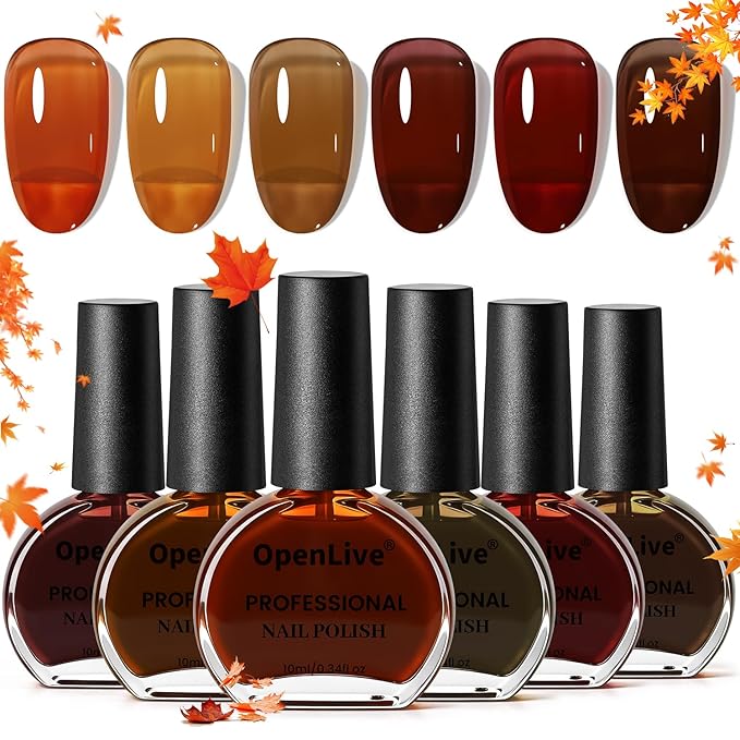 10ml Fall Jelly Nail Polish Set 6 Colors Gold Maple Leaf Pumpkin Yellow Burnt Orange Art Nail Polish Quick Dry for Women Girls Gift