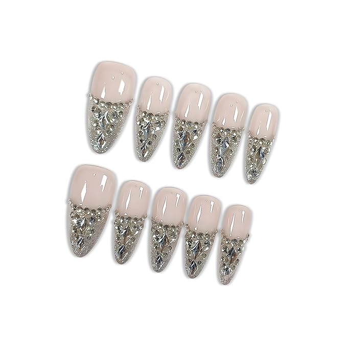 French Glam Press on Nails with Tools Kit, Long Stiletto Glossy Nails in Nude, Handmade Nails with Dazzling 3D Crystal Arrangement, Fake Nails Vintage-Inspired Style for Galas Event(Size M)