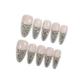 French Glam Press on Nails with Tools Kit, Long Stiletto Glossy Nails in Nude, Handmade Nails with Dazzling 3D Crystal Arrangement, Fake Nails Vintage-Inspired Style for Galas Event(Size XS)