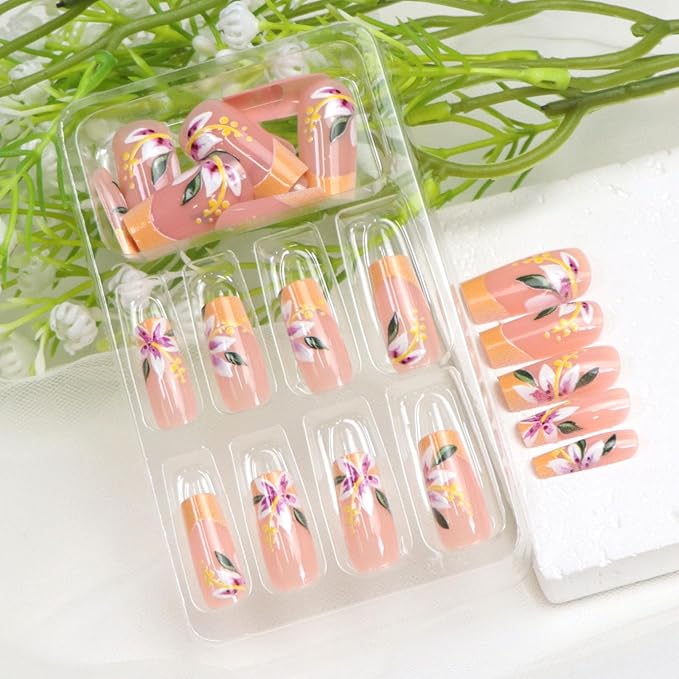 Flower Press on Nails Square Medium Long Fake Nails with Orange French Tip Floral Designs Acrylic Glossy Glue on Nails Press ons Fall Stick on Nail for Women 24 Pcs