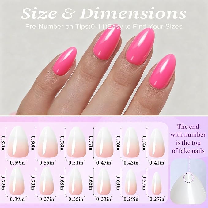 Pink Press On Nails Almond -Short Press On Nails with Nail Glue, Fit Perfectly & Natural Reusable Stick On Nails in 12 Sizes - 24PCS Soft Gel Glue On Nails Kit