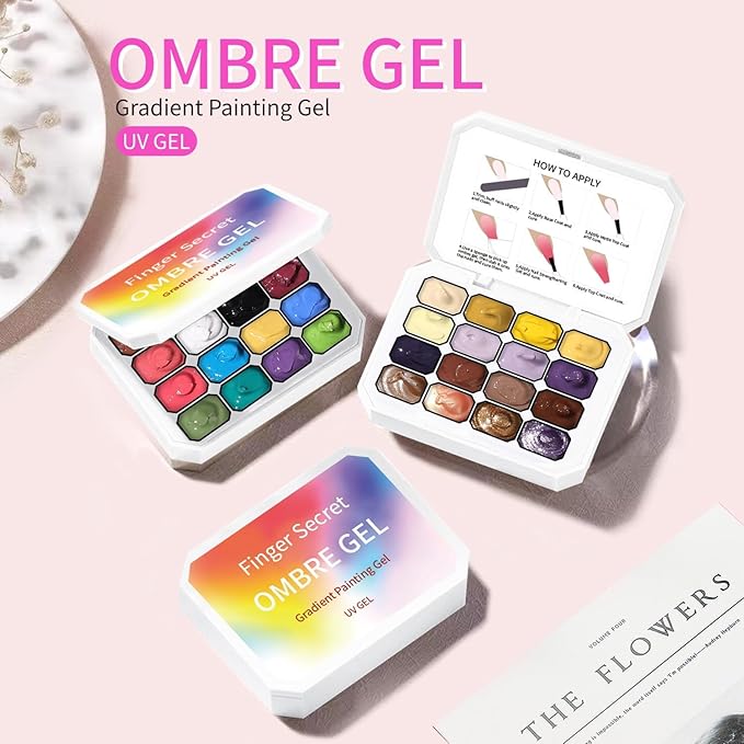 16 Colors Gel Ombre Nail Polish Kit,Color Palette Ombre Paint Nail Art Gel Gradient ,Pat Painting Gradient Blooming Gel Polish with 100Pcs Nail Sponges for Gels Palette Patting