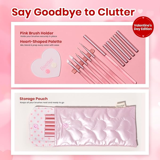 Beetles Nail Art Brushes 6pcs – Cherish Nail Art Tools Liner Brushes for Nails Dotting Tool Gradient French Manicure Design Pen with Heart Palette Brush Holder Pouch Bag, DIY Gift for Women