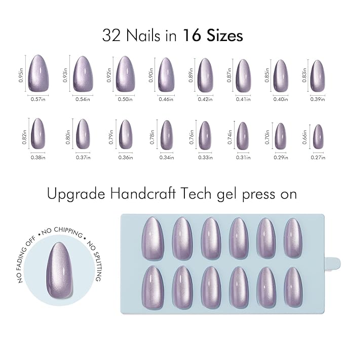 VSALON Press on Nails Medium Almond, Purple Holographic Cat Eye Glossy Jelly Chrome Fake Nails, Reusable False Nails with Nail Glue, Protector Cuticle Oil, Tabs & Nail File-32 PCS in 16 Sizes