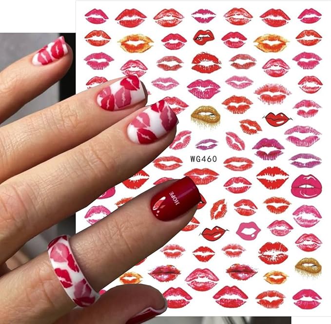 6 Sheets Valentines Day Nail Stickers for Nail Art Kit Sexy Red Lip Nail Decals 3D Self-Adhesive Colorful Lip Nails Design Valentines Nail Art Supplies for Women DIY Acrylic Manicure Salon