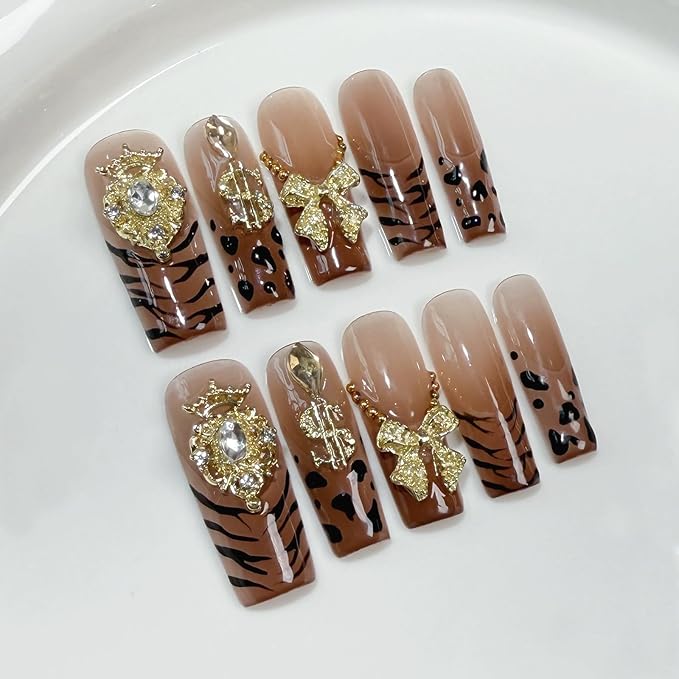 Handmade Press on Nails French Tip Leopard Fake Nails with 3D Bow and Gold Crown Designs False Nails Fall Glossy Acrylic Nails for Women DIY (Size M）