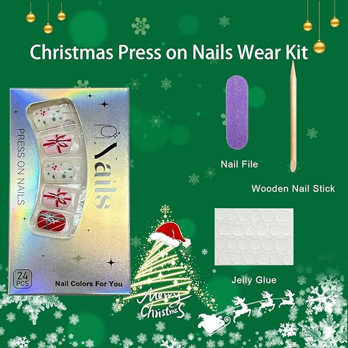 Christmas Press on Nails Short Square Fake Nails with Bow Designs Colorful Xmas False Nail Glossy Full Cover Winter Stick on Nail for Women
