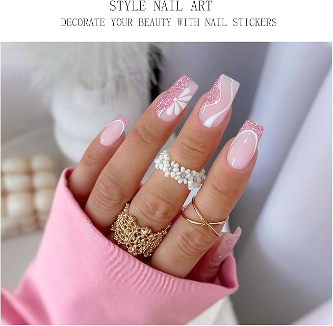 JMEOWIO Gel Nail Stickers Pink Glitter White Flower French Tip Semi Cured Gel Nail Strips Wraps UV/LED Nails Art Design Decoration Accessories