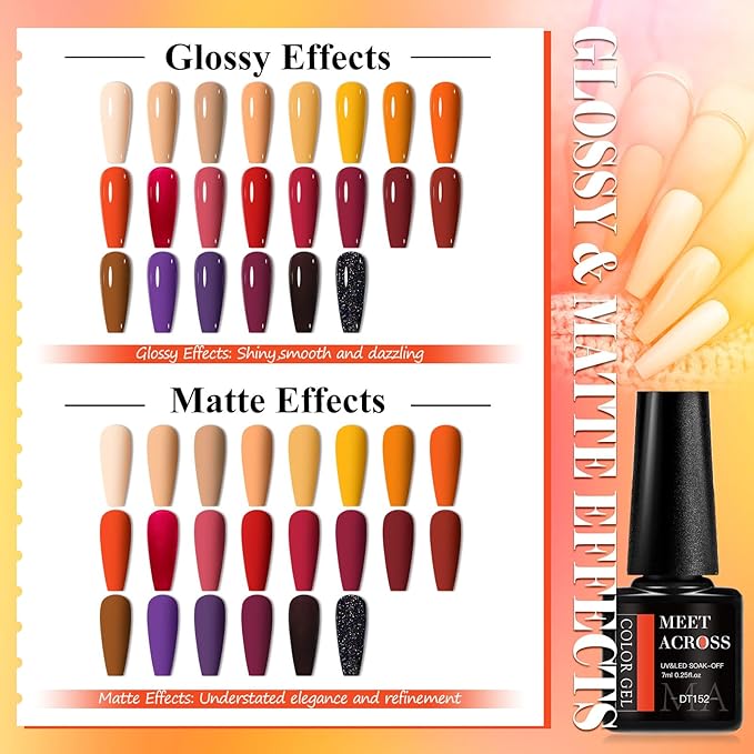 MEET ACROSS Fall Winter Series Gel Polish Set 22 Colors Gel Nail Polish Kit Orange Burgundy Red Purple for Nail Art Manicure Kit for Women 30Pcs
