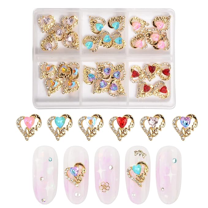 30Pcs Heart Shaped Nail Charms 3D Heart Nail Rhinestones Glitter Nail Gem 6 Colors Nail Art Charms for Valentine's Day DIY Nail Art Craft Decoration