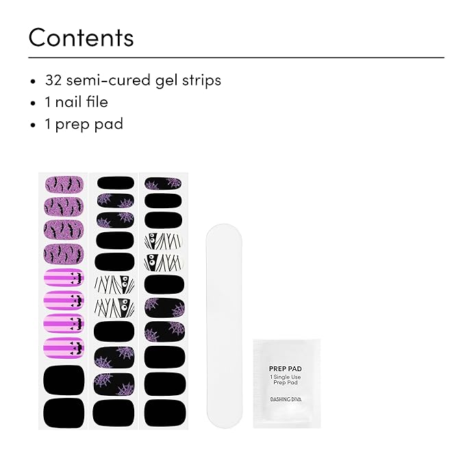 Dashing Diva Gloss Nail Strips - My Boyfriend Jack - UV Free, Chip Resistant, Long Lasting Gel Nail Stickers - 3-Piece Halloween Glow-In-The-Dark Manicure Set - Contains 32 Wraps, 1 Prep Pad, 1 File
