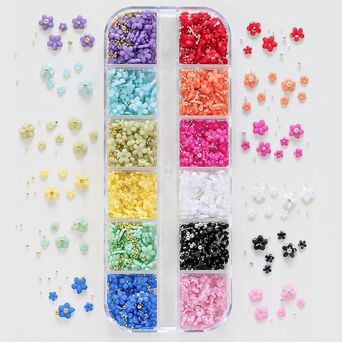Flower Nail Charms Nail Art Kit with 30 Sheets Flower Nail Stickers 12 Boxes Colorful Flower with Rhinestone Nail Supplies 3D Nail Charms,Flower Nail Decals for Women Acrylic DIY Nail Art Decoration