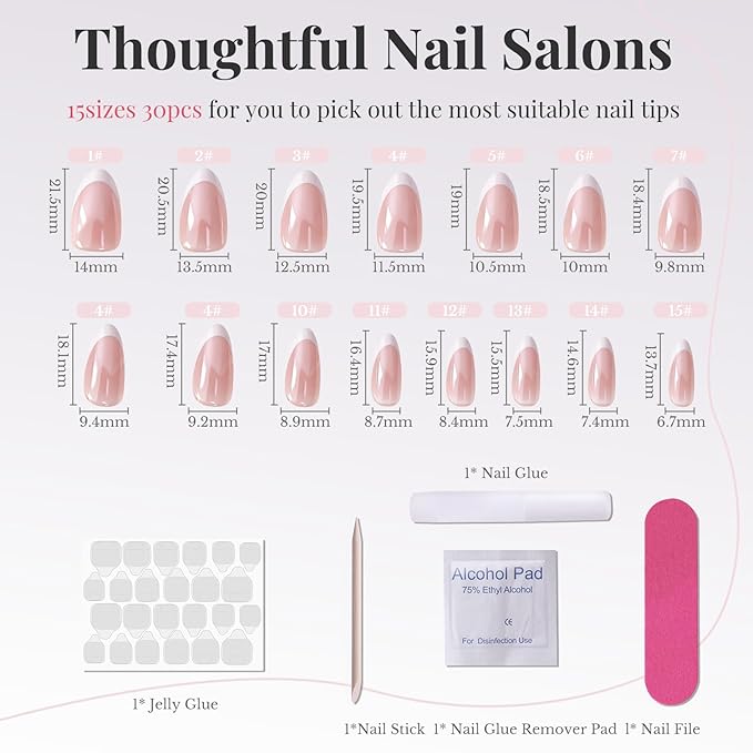 French Tip Press On Nails Acrylic - Short Almond Fake Nails Press ons, Reusable Glossy 30 Nail Kit with Glue, Adhesive Tabs, File, Manicure Stick, Prep Pad for Salon Quality or Fall Style