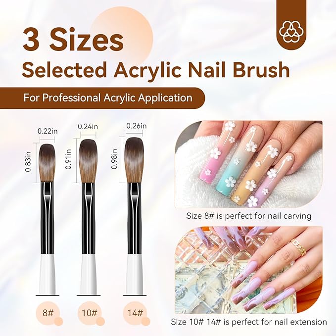 SAVILAND 3pcs Acrylic Nail Brush Set, Size 8/10/14 Kolinsky Acrylic Nail Brushes for Acrylics Application, Acrylics Powder Nails Art Extension with Black & White Handle for Beginner & Professional