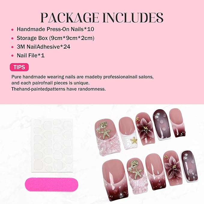 10Pcs Square Press on Nails Medium Handmade Fake Nails with 3D Flower Shell Starfish Design Acrylic Nails Press Ons Full Cover Artificial Gradient French Tip Stick on False Nail for Women (Size M)