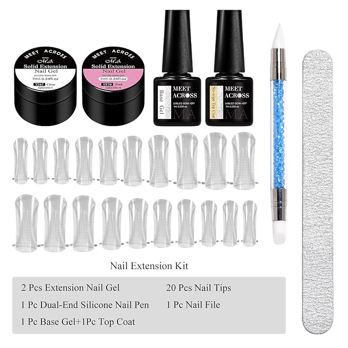MEET ACROSS All-in-One Extension Mini Kit 2×7ml Non-Sticky Builder Gel Starter Kit WIth Base & Top Coat/Dual-Silicone Pen/Pro File/20-Pc Reusable Dual Forms Salon-Grade Extensions (Clear+Pink)