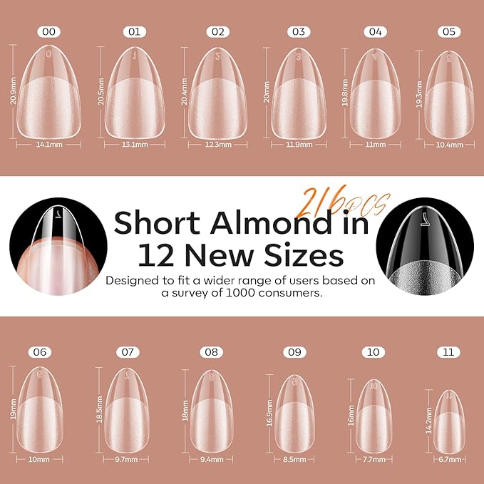 modelones Short Almond Gel Nail Tips Kit, 9-in-One Nail Glue with Portable U V Lamp 216Pcs 12Sizes Pre-Etched Press ons Fake Acrylic Extension Kit DIY Salon Gift for Women