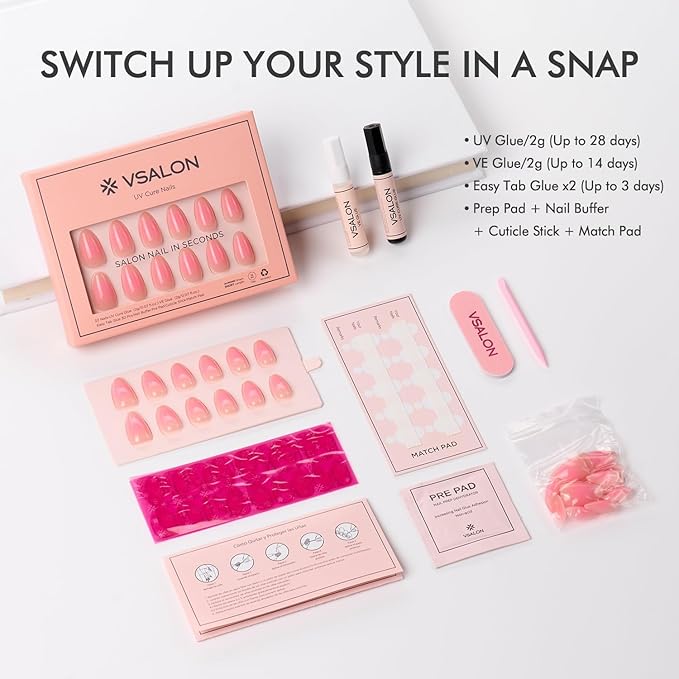 VSALON Almond Short Press On Nails, Sakura Pink Aura Light Curable Sheer Jelly Finish False Nails, Reusable Gel Glue on Nails Kit with Glue - 32 pcs in 16 Sizes