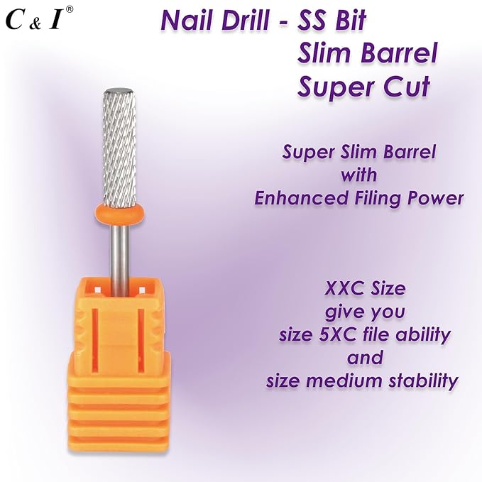 C & I Nail Drill SS Bit -Super File, Super Slim, Professional E-File for Nail Techs, CNC Overall Production, Nail Supply for Beauty Salon (Double Coarse -XXC)