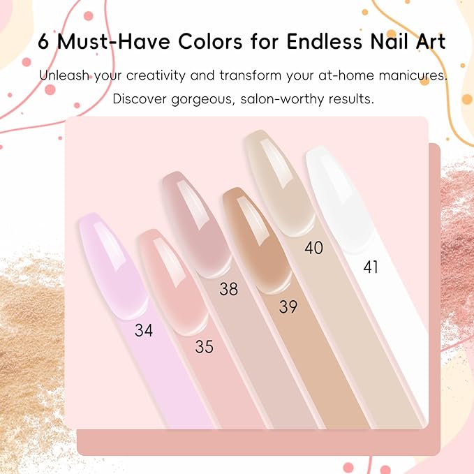 Professional Acrylic Nail Powder Kit - 6 Colors for French Extensions & 3D Nail Art, No Lamp Needed, Non-Yellowing, Bubble Free, Long Lasting Salon Quality Powder