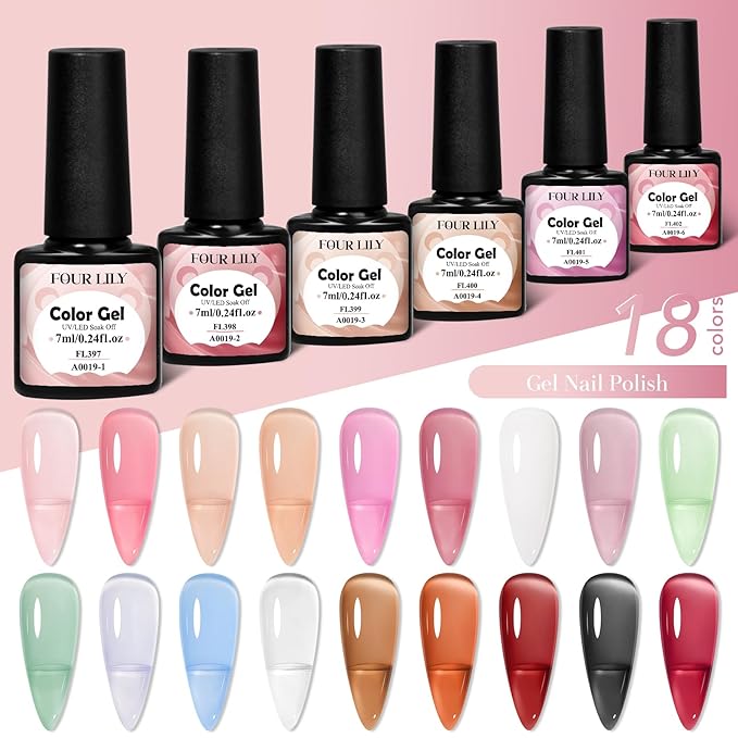 Jelly Gel Nail Polish Set, 18 Colors Translucent Nude Pink Milky White Red Gel Polish Sheer Crystal Ice Nail Polish Set for Nail Salon DIY Home Holiday Gifts for Her