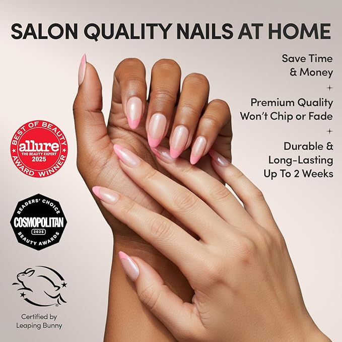 Glamnetic Press On Nails - Bubble Gum Glaze Fake Nails | Short Almond Pink French Tip Nails with a Glaze Finish | 15 Sizes - 30 Nail Kit with Glue