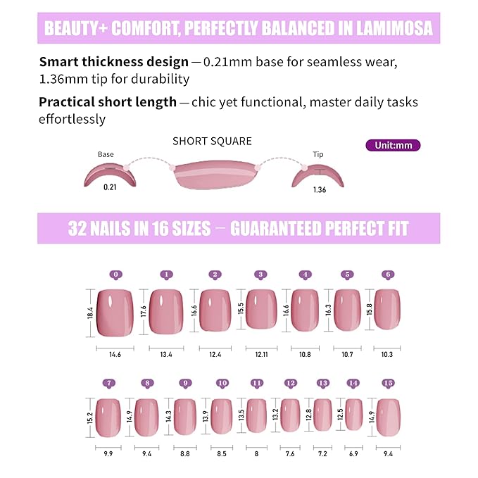 LAMIMOSA 32Pcs Clay Blush Press On Nails Short Square – Soft Gel Fake Nails in 16 Sizes, Mauve Glue on Nail kit, CLAY BLUSH